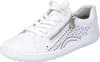 A white leather sneaker with a side zipper and perforated details. Voir les images du produit