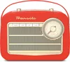 A red retro-style radio with a tuning dial and buttons. Produktbild-Vorschau