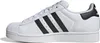 A side view of a white Adidas Superstar sneaker with black stripes. Produktbild-Vorschau