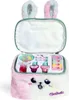 A fluffy pink and white bunny-shaped cosmetic bag is open, revealing a collection of colorful nail polish bottles, toe separators, and other makeup items. Podgląd zdjęcia produktu