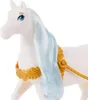 A close-up of a white toy horse with a blue mane and gold accessories. Podgląd zdjęcia produktu