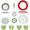 A collage of porcelain tableware, including plates, cups, and saucers, in various colors. Produktbild-Vorschau
