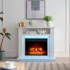 A white electric fireplace with a realistic flame effect and blue LED lighting, placed in a living room setting with a plant and artwork. Produktbild-Vorschau