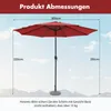 A red umbrella with dimensions indicated by lines and text against a sky and mountain backdrop. Voir les images du produit