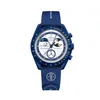 A blue Swatch x Omega Speedmaster watch with a white dial and Snoopy graphic. Produktbild-Vorschau