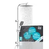 A shower system with a rain shower head and a handheld shower head, shown with water spraying from the rain shower head. A dark box with text and logos is in the foreground. Produktbild-Vorschau