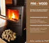 A wood-burning stove with a fire burning inside, next to a pile of wood briquettes. Text describes the product's features and benefits. Anteprima dell’immagine prodotto
