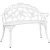 A white metal garden bench with a rose pattern. Produktbild-Vorschau