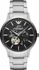 A close-up, front-facing studio shot of an Emporio Armani mechanical watch with a black dial and silver metal band. Náhled obrázku produktu