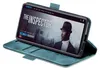 A teal flip case for a smartphone is shown open, displaying the phone's screen which shows a movie poster. Produktbild-Vorschau