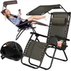 A woman relaxing in a zero-gravity chair with a canopy, and a separate view of the chair with a drink and a tray. Produktbild-Vorschau