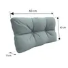 A light blue tufted cushion with dimensions indicated by measurement lines and text. Voir les images du produit