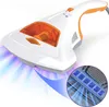 A white and orange handheld vacuum cleaner with blue light effects emanating from the bottom, presented on a white background. A close-up inset shows the cleaning head with multiple blue light emitters. Produktbild-Vorschau