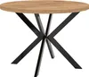A round dining table with a wooden top and black metal legs. Voir les images du produit