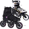 Two pairs of inline skates, one black with purple accents and one white with gold accents, are displayed side-by-side against a white background. Podgląd zdjęcia produktu