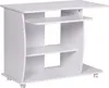 A white computer desk with shelves and a pull-out keyboard tray, shown from a side-front angle. Podgląd zdjęcia produktu