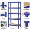 A collage of images showing a blue metal shelving unit with MDF shelves, along with close-up details of its construction and features. Produktbild-Vorschau