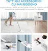 A person is using a vacuum cleaner on a white rug, with close-up shots of the vacuum's attachments and a coffee spill being cleaned up. Produktbild-Vorschau