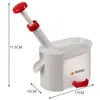 A white cherry pitter with red accents, shown against a white background with dimensions indicated by text. Produktbild-Vorschau