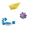 Three origami figures: a yellow boat, a blue and light blue scorpion, and a purple and green flower. Podgląd zdjęcia produktu