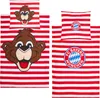Two sets of bedding with red and white stripes, one featuring a cartoon bear face and the other the FC Bayern München logo. Anteprima dell’immagine prodotto