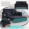A dark gray sofa bed being converted into a bed, with text overlays. Produktbild-Vorschau