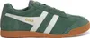 A side view of a green Gola sneaker with white stripes and a brown sole. Produktbild-Vorschau
