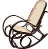A dark brown wooden rocking chair with a woven rattan seat and backrest, isolated on a white background. Anteprima dell’immagine prodotto