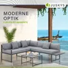 A modern outdoor lounge set with a coffee table is placed on a patio overlooking the ocean. Produktbild-Vorschau