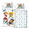 A flat lay of Paw Patrol themed bedding, including pillowcases and a duvet cover, with a patterned sheet. Produktbild-Vorschau