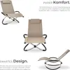 Multiple views of a beige lounge chair with a metal frame, presented against a white background with descriptive text. Produktbild-Vorschau