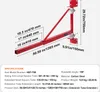 A diagram of a red metal swing arm with dimensions and specifications. Voir les images du produit