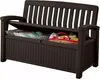 A dark brown outdoor storage bench with the lid open, revealing stored items inside. Produktbild-Vorschau