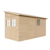 A wooden garden shed with two windows on the front and one on the side, presented on a white background. Voir les images du produit