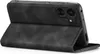 A black flip cover case for a smartphone is shown from a diagonal, slightly elevated rear view. The case is open, revealing the interior and the back of a smartphone with a camera module. Produktbild-Vorschau