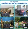 Collage of four scenes showing a blue foldable wagon in different settings: camping, everyday use, leisure with dogs, and gardening. Podgląd zdjęcia produktu