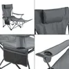 Collage of close-up shots of a gray camping chair with a footrest and cup holder. Náhled obrázku produktu