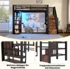 A loft bed with a sofa underneath, shown in a room setting and with close-up details of storage shelves and stairs. Produktbild-Vorschau