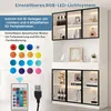 A white display cabinet with black frames and glass doors, showcasing decorative items and bottles. The left side of the image displays a remote control, USB cable, and color swatches, indicating LED lighting features. Produktbild-Vorschau