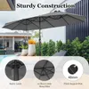 A double patio umbrella is shown in a backyard setting next to a pool and a modern house. Insets highlight features like the safety latch, metal ribs, and support pole. Podgląd zdjęcia produktu