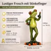 A marketing image showcasing a decorative frog figurine with text highlighting its features and dimensions. Produktbild-Vorschau