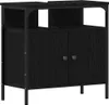 A black washbasin cabinet with a wood grain texture and metal frame, shown against a white background. Produktbild-Vorschau