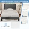 A mattress on a bed frame with informational graphics on the side. Produktbild-Vorschau
