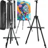Two black easels are shown, one with a colorful painting on it, and a black carrying bag. Podgląd zdjęcia produktu