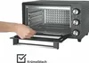 A hand is shown inserting a crumb tray into a mini oven. The oven door is open, revealing the interior. Produktbild-Vorschau