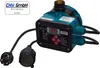A teal and black automatic pump control device with a digital display and buttons, connected to power cords and plugs, set against a white background. Produktbild-Vorschau