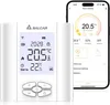 A smart thermostat and a smartphone displaying its app interface. Produktbild-Vorschau