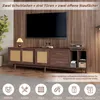A TV stand with a TV mounted above it, in a living room setting with decorative elements and icons at the bottom. Produktbild-Vorschau