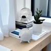 Two decorative spherical objects with legs are placed on a wooden desk next to a potted plant and books. Produktbild-Vorschau