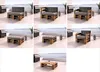 A collage of images showing different configurations of outdoor furniture, including a sofa, armchair, and ottoman, placed on a patio with a view of the sea. Produktbild-Vorschau